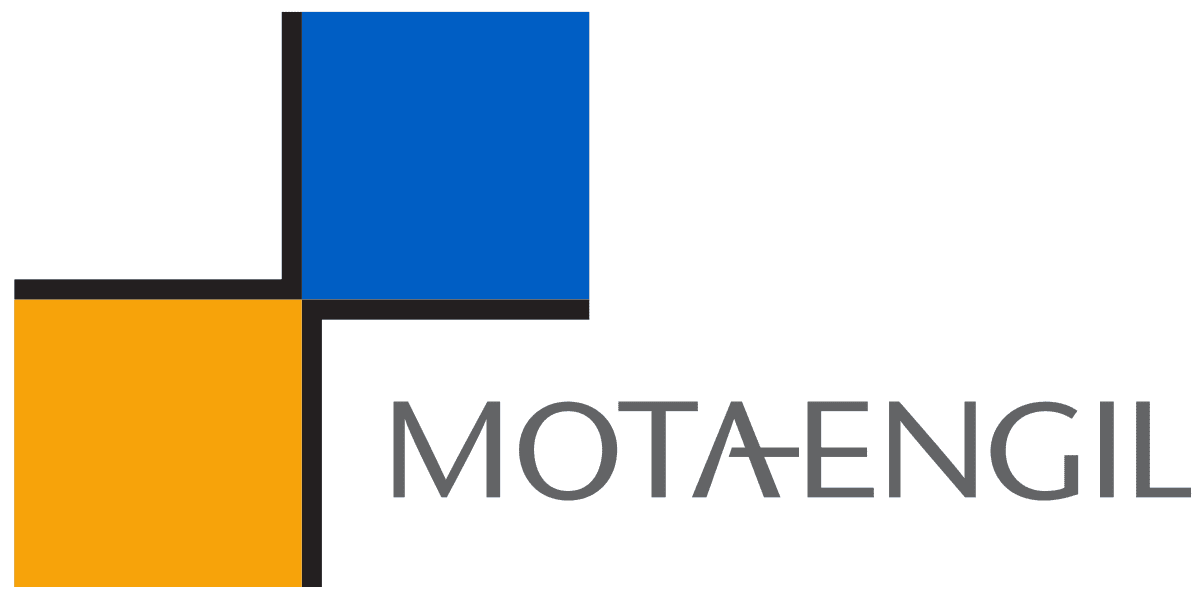 Um logotipo azul e amarelo que diz motaengil nele
