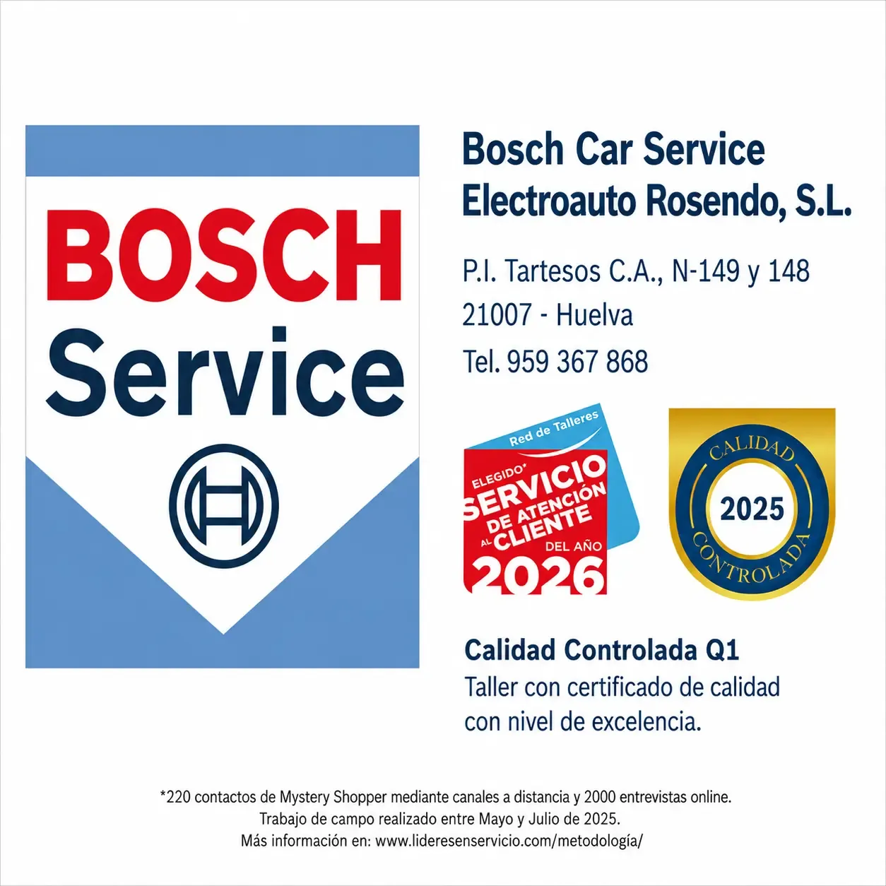 Logotipo de Bosch Service y tarjeta de presentación de Bosch Car Service Electroauto con dirección, teléfono y distintivos de certificación.