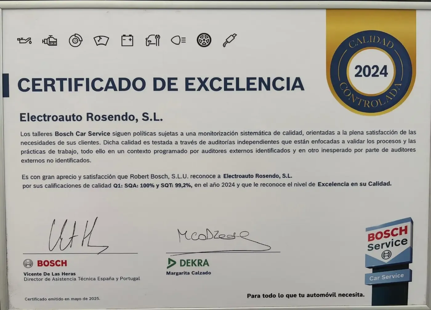 Certificado de excelencia Bosch Service 2024 para Electrauto Rosendo, S.L.