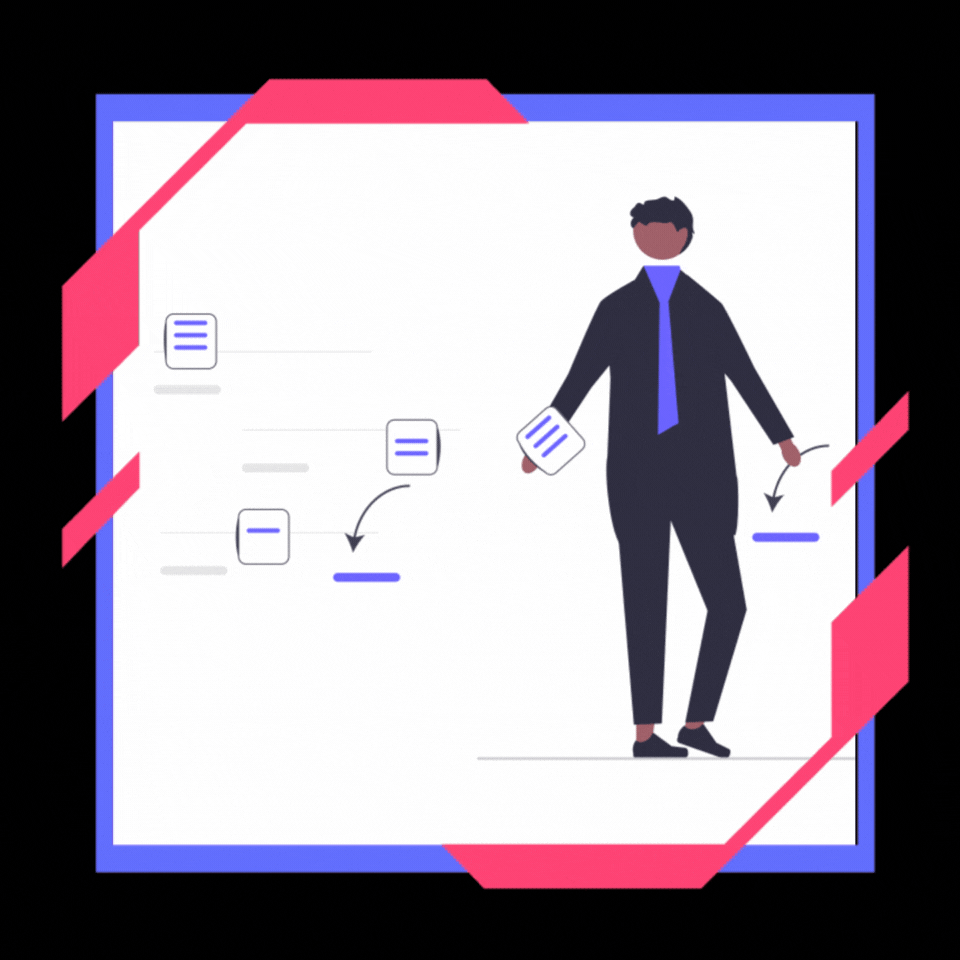 Hombre de traje revisando documentos cerca de un diagrama de flujo de proceso, delineado en azul y rojo.