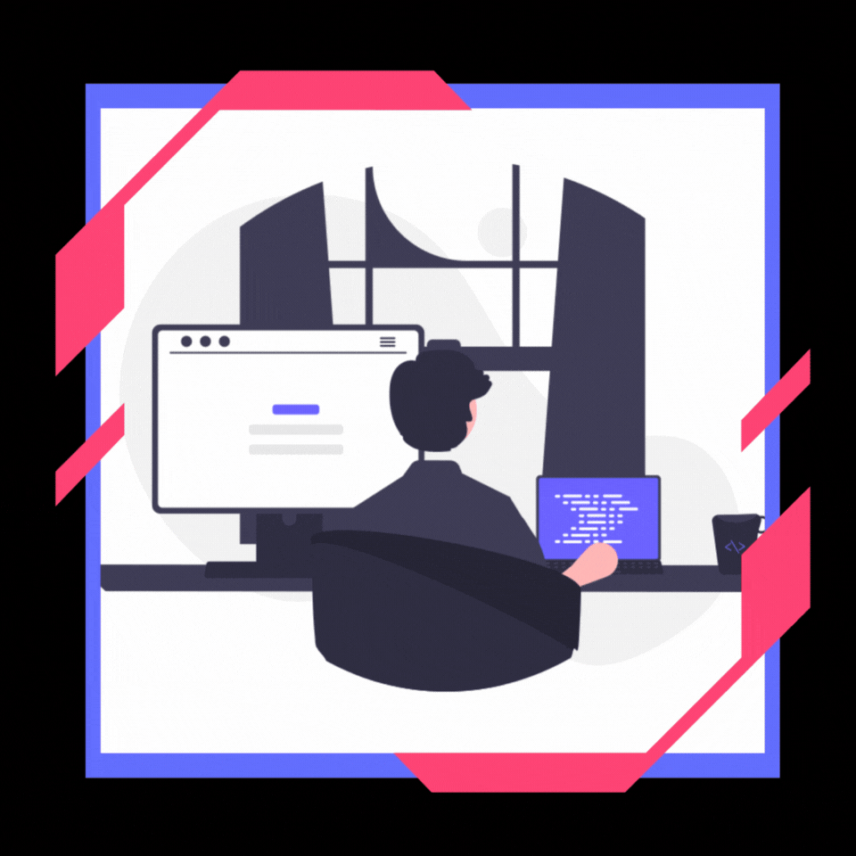 Una persona trabaja en un escritorio con dos monitores, en un interior. Marco decorativo rosa y azul.