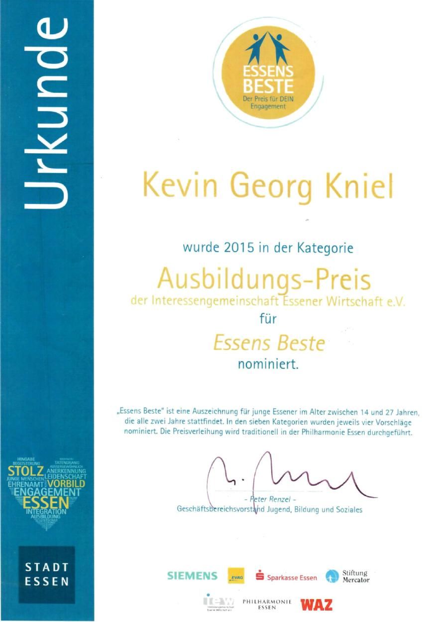 Urkunde: Kevin Georg Kniel wurde 2015 in der Kategorie Ausbildungs-Preis der Interessengemeinschaft Essener Wirtschaft e.V. für Essens Beste nominiert
