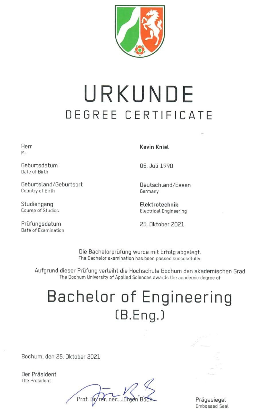 Urkunde: Hochschule Bochum verleiht Kevin Georg Kniel den akademischen Grad Bachelor of Engineering (b.Eng.)