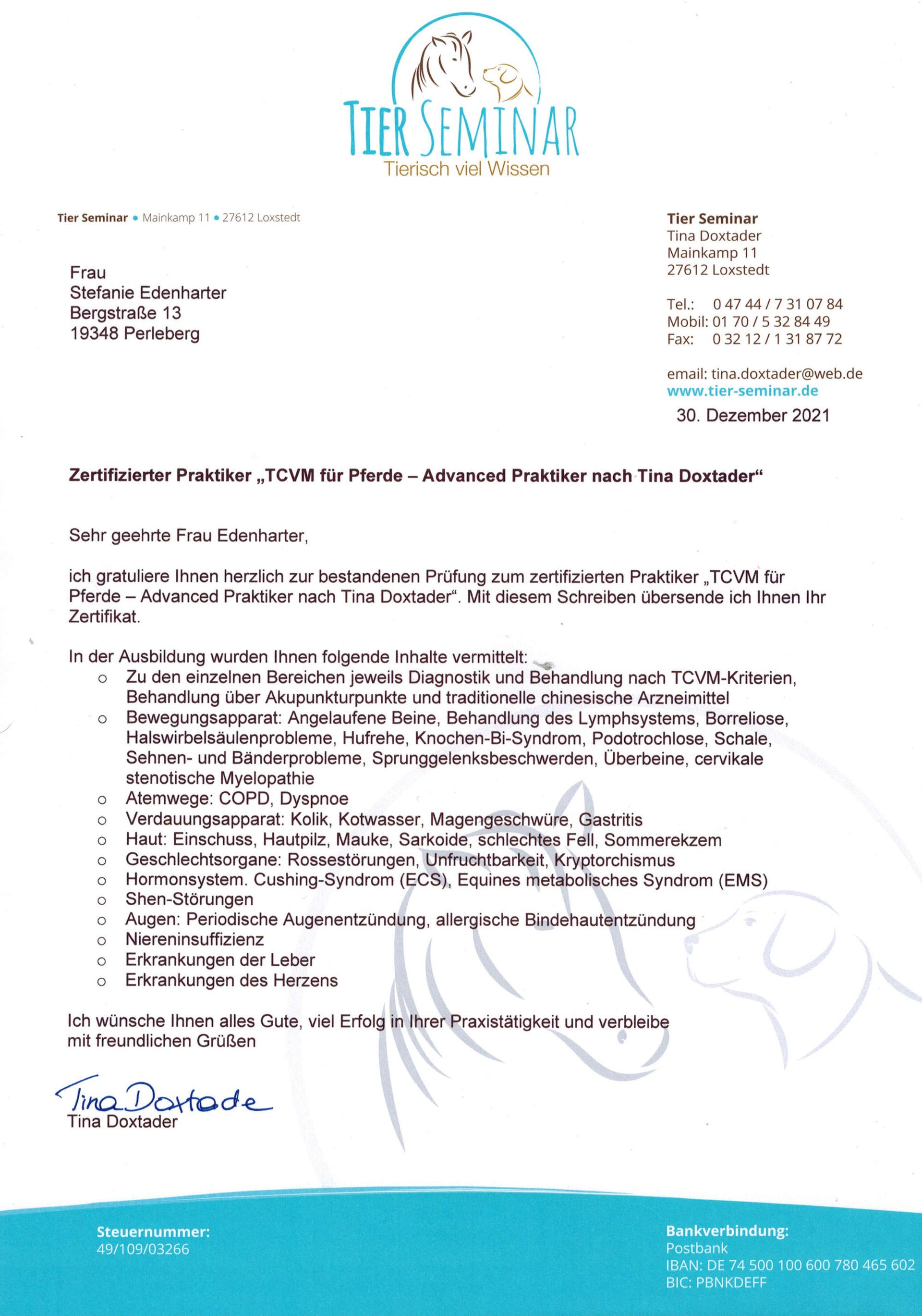 Zertifikat mit den Ausbildungsinhalten der Traditionellen Chinesischen Medizin für Pferde - Advanced Praktiker