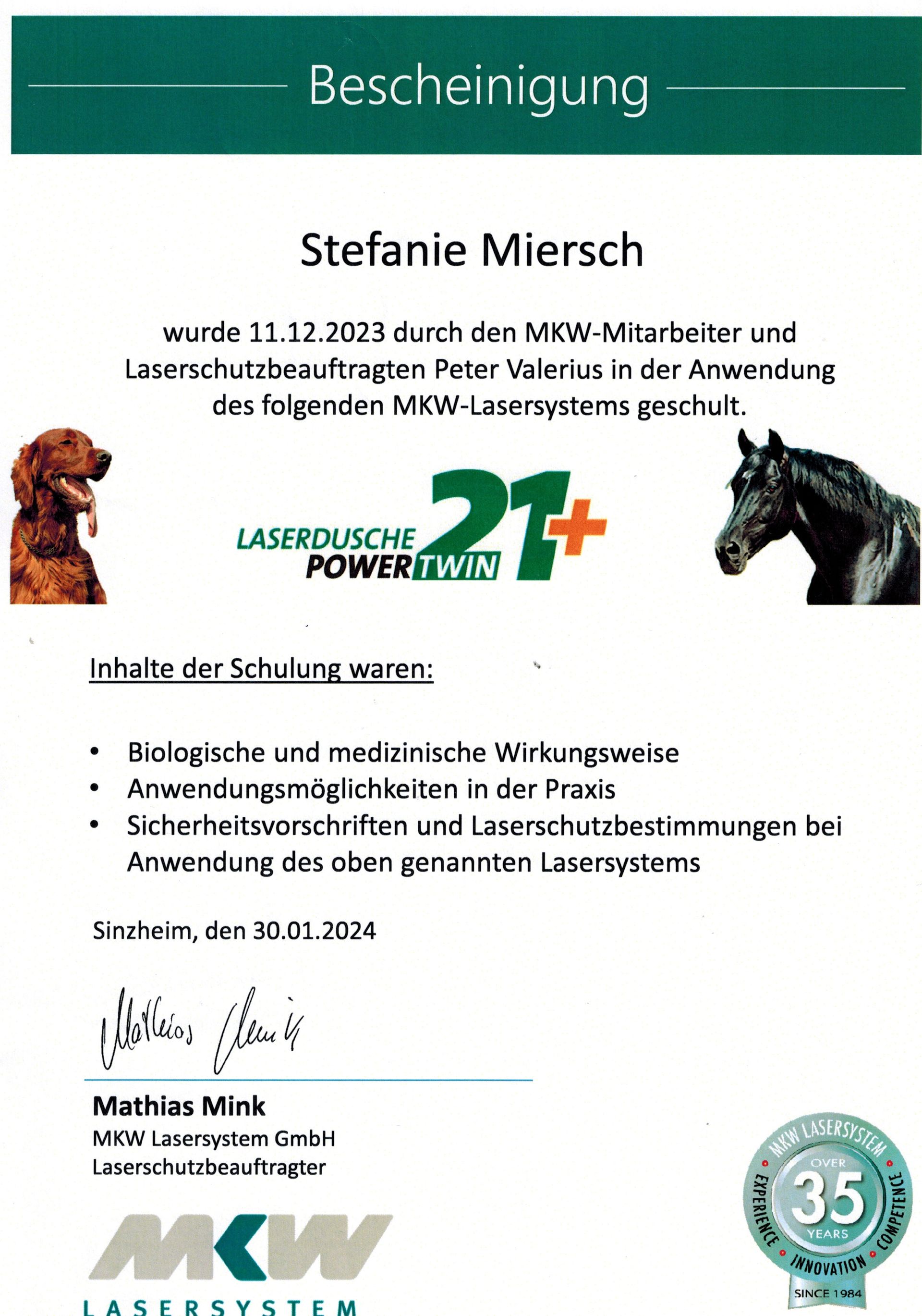 Zertifikat für Stefanie Miersch Lasertherapie