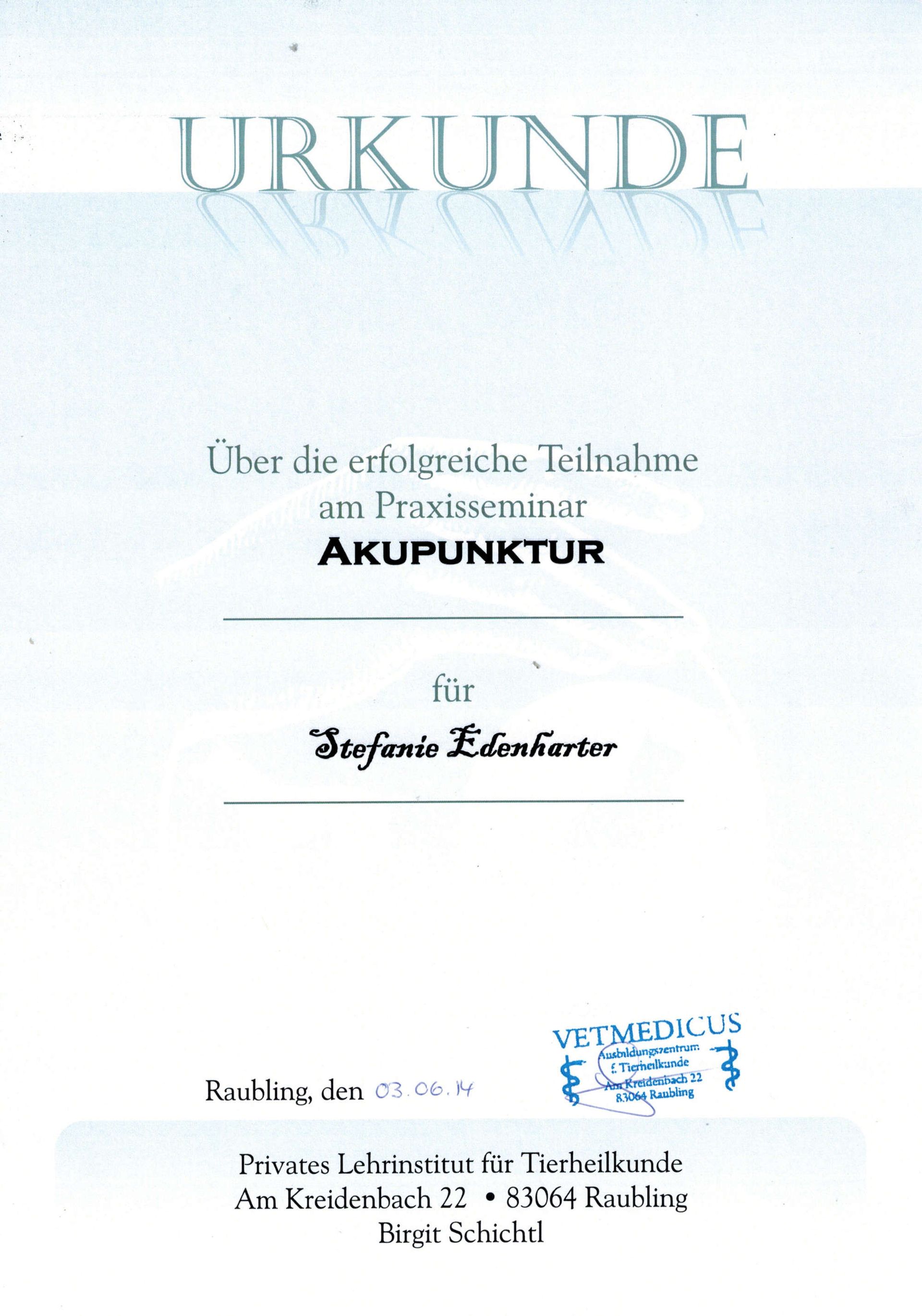 Zertifikat | Stefanie Edenharterwurde am 14.04.2020 durch den MKW Mitarbeiter und Laserschutzbeauftragten in der Anwendung des Lasersystems LaserPen LA-XP200