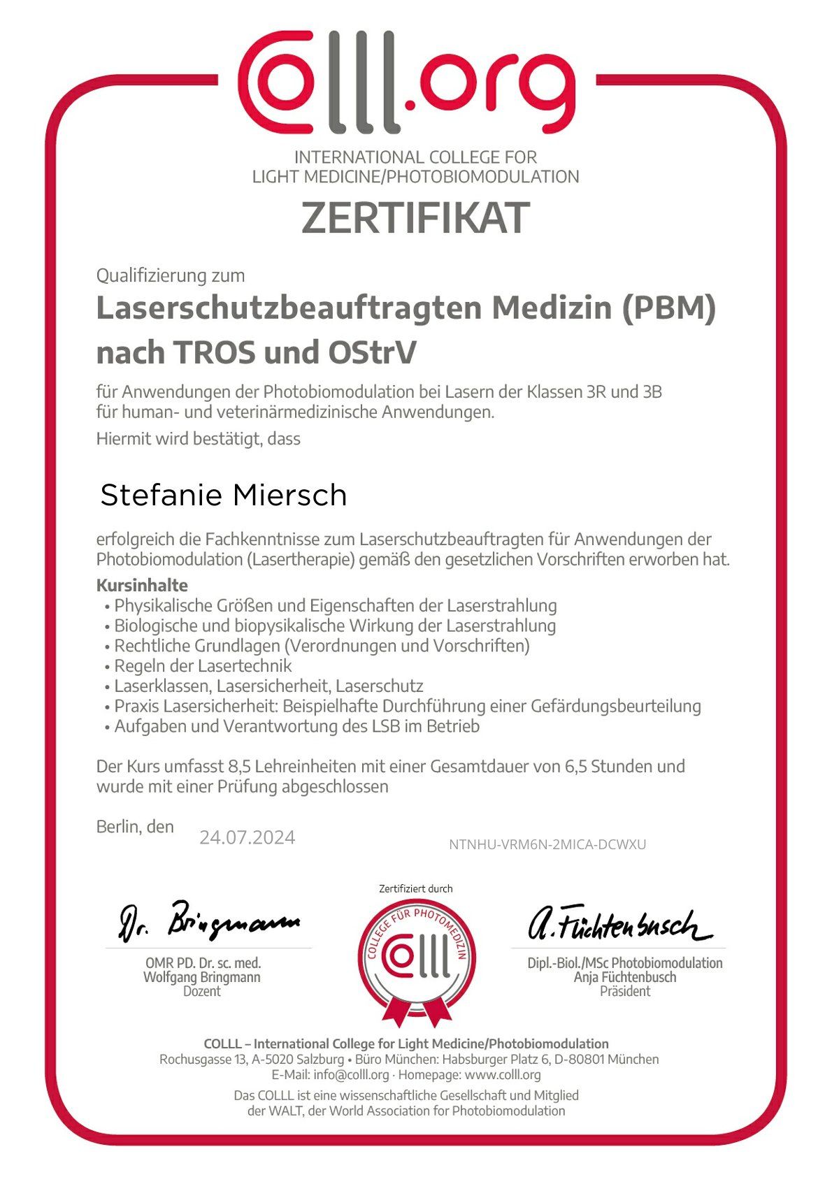 Zertifikat Laserschutzbeauftragten