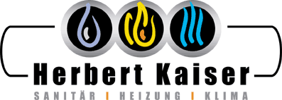 Logo für Herbert Kaiser mit drei kreisförmigen Symbolen, die Wasser, Feuer und Luft darstellen, und dem Firmennamen darunter.