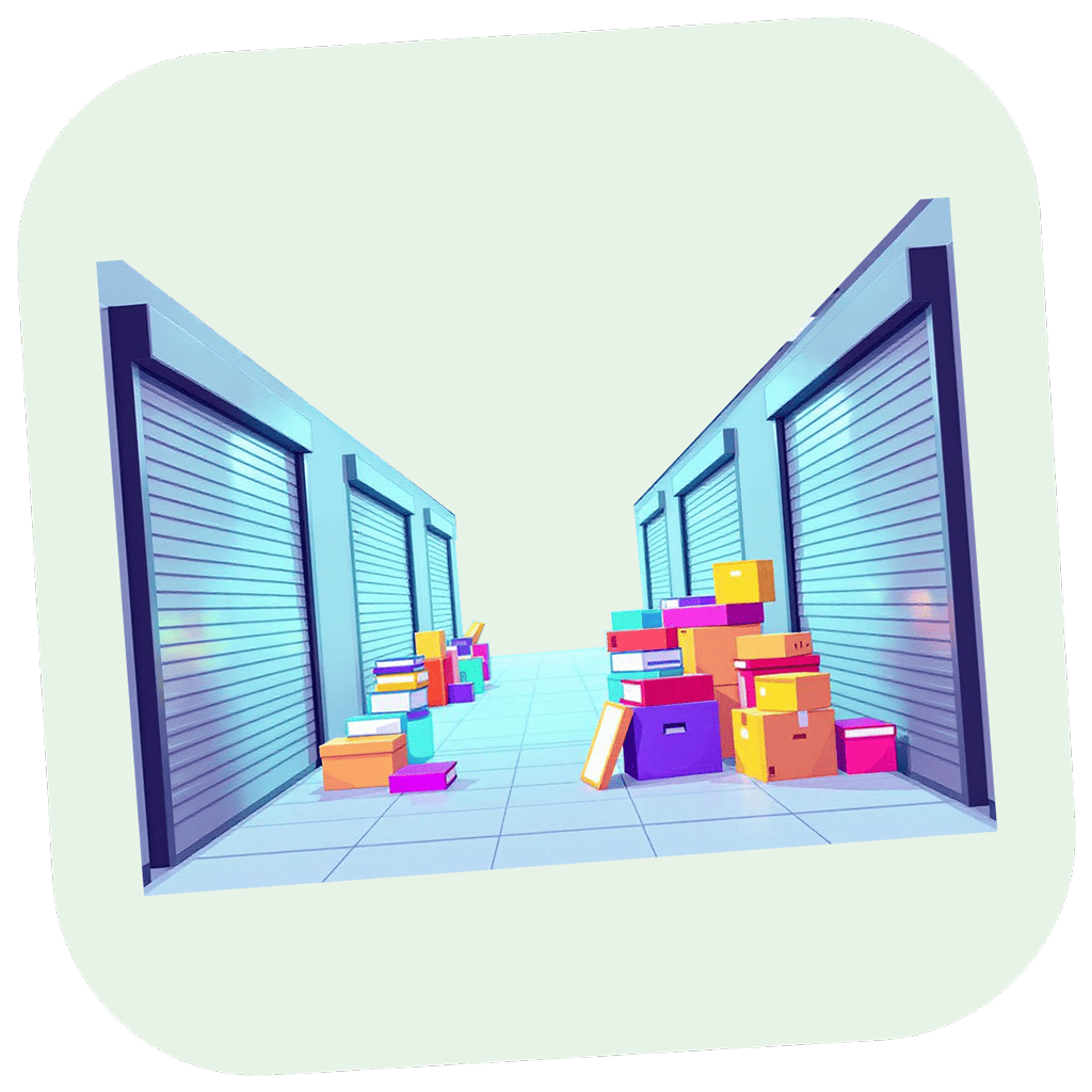 Des box de stockage avec portes sectionnelles fermées, un couloir avec des cartons et des livres.