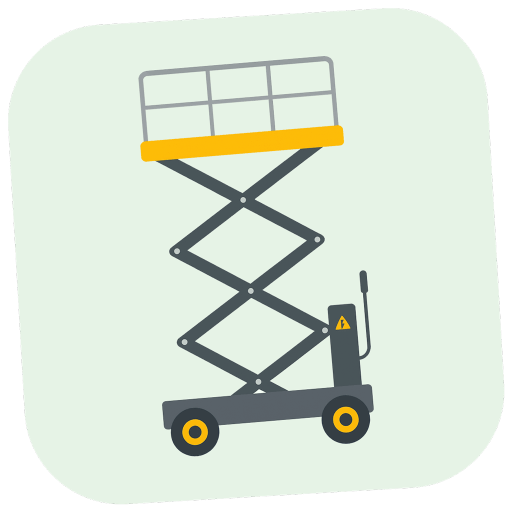 Élévateur à ciseaux avec plateforme jaune et rambarde de sécurité sur fond vert pâle.