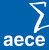 Logotipo cuadrado azul con el texto “aece” estilizado en blanco y una línea curva encima.