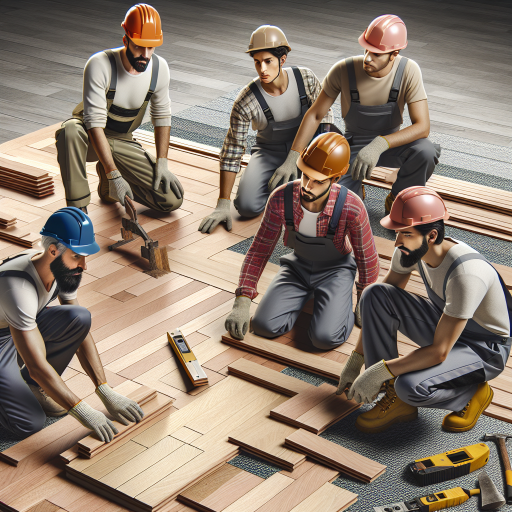 Realistic stock image of workers installing parquet