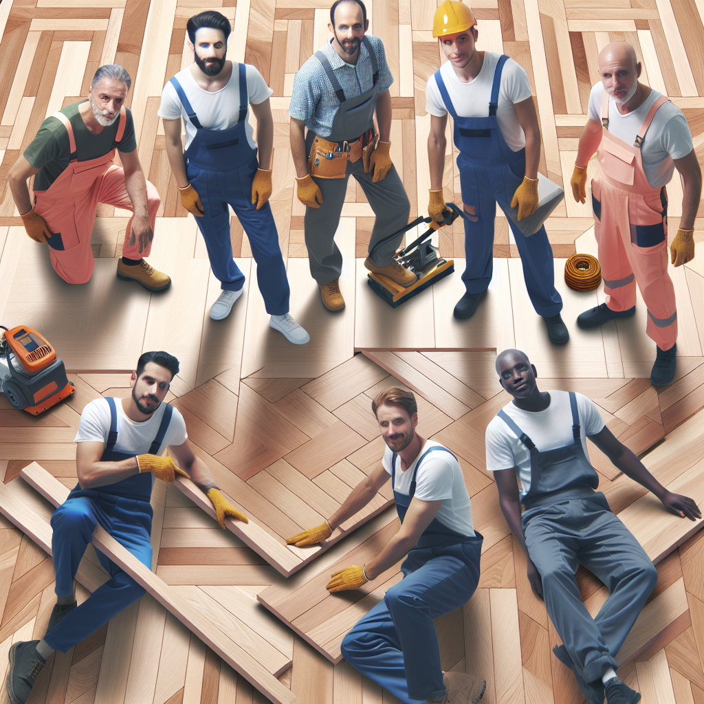 Realistic stock image of workers installing parquet
