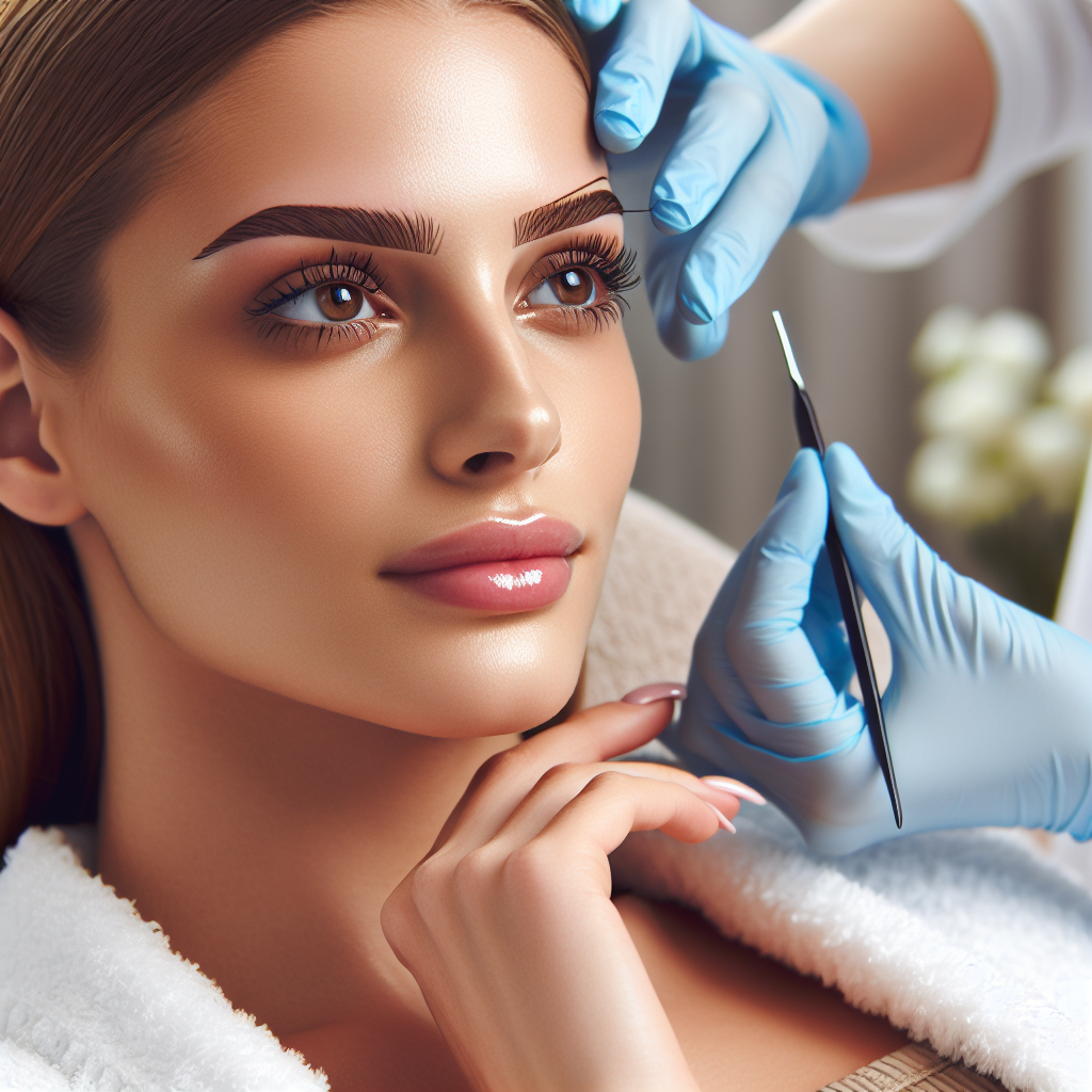 Caucasian woman receiving eyebrow threading treatment