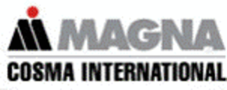 MAGNA Cosma International Logo mit schwarzer und grauer Schrift und einem roten Punkt über dem „M“