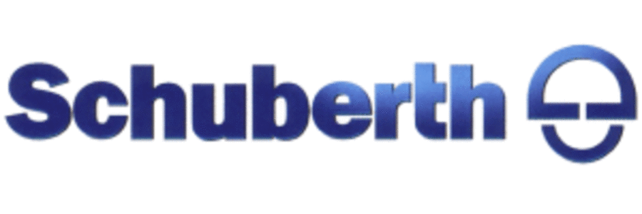 Schuberth-Logo in Dunkelblau mit kreisförmigem Emblem auf weißem Hintergrund