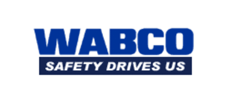 WABCO-Logo mit dem Slogan „Safety Drives Us“ in Blau auf weißem Hintergrund