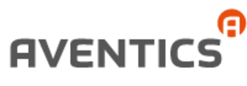 AVENTICS-Logo in Grau mit orangefarbenem Kreissymbol