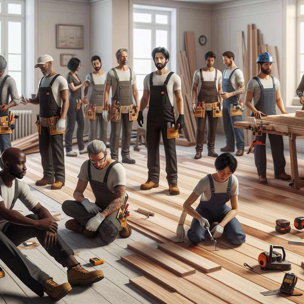 Realistic stock image of carpenters installing wooden floor