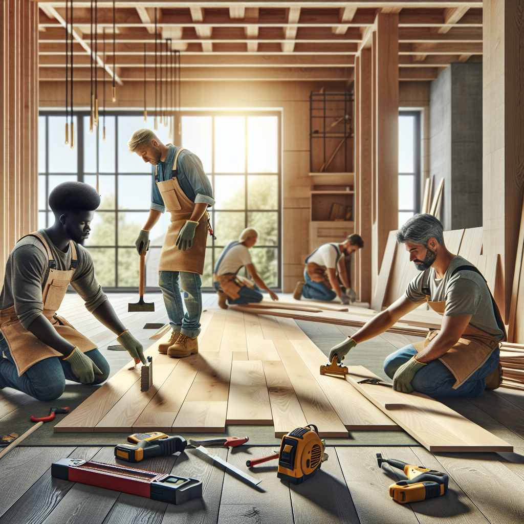 Realistic stock image of carpenters installing wooden flooring