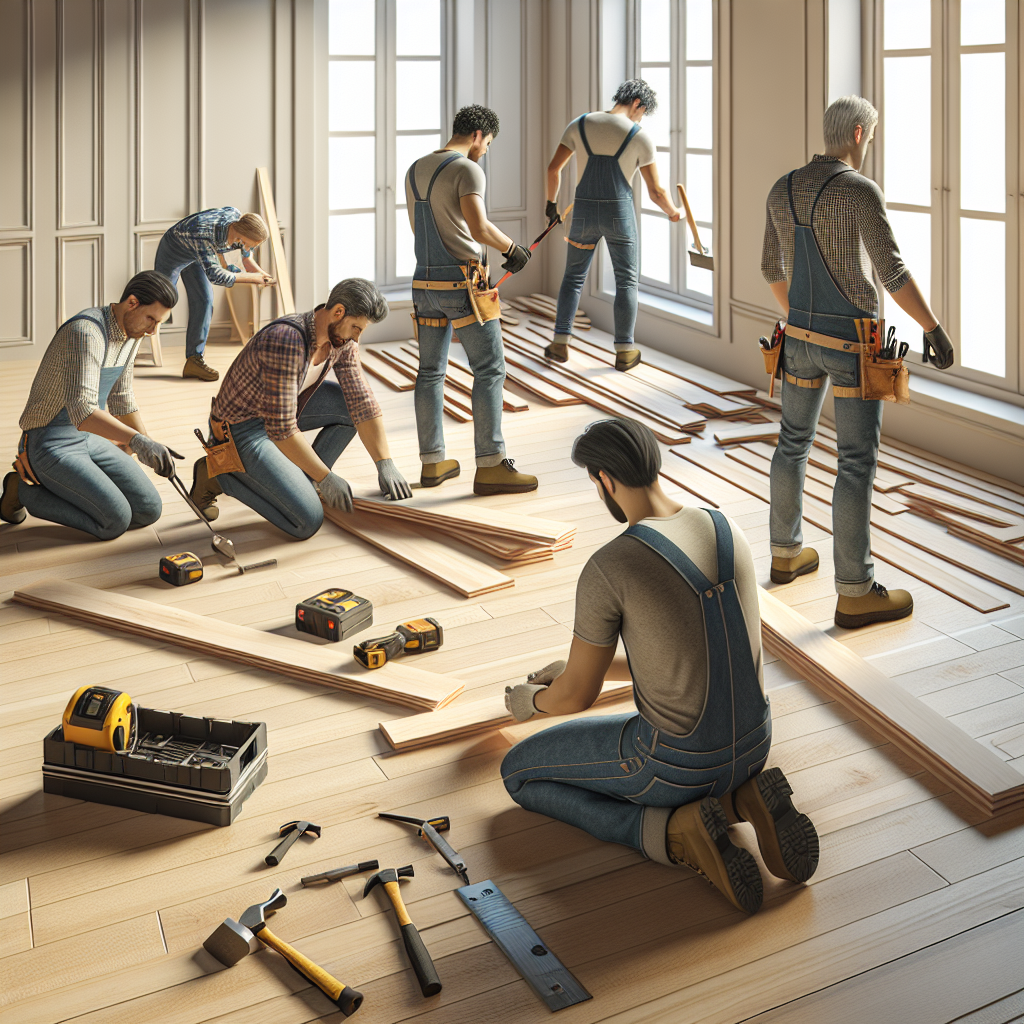 Realistic image of carpenters installing wooden flooring