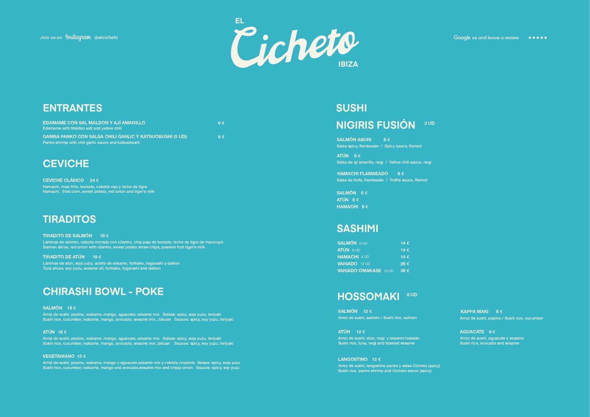 Menú del restaurante en color turquesa con el logotipo de Cicheto y dos columnas de platos y bebidas.