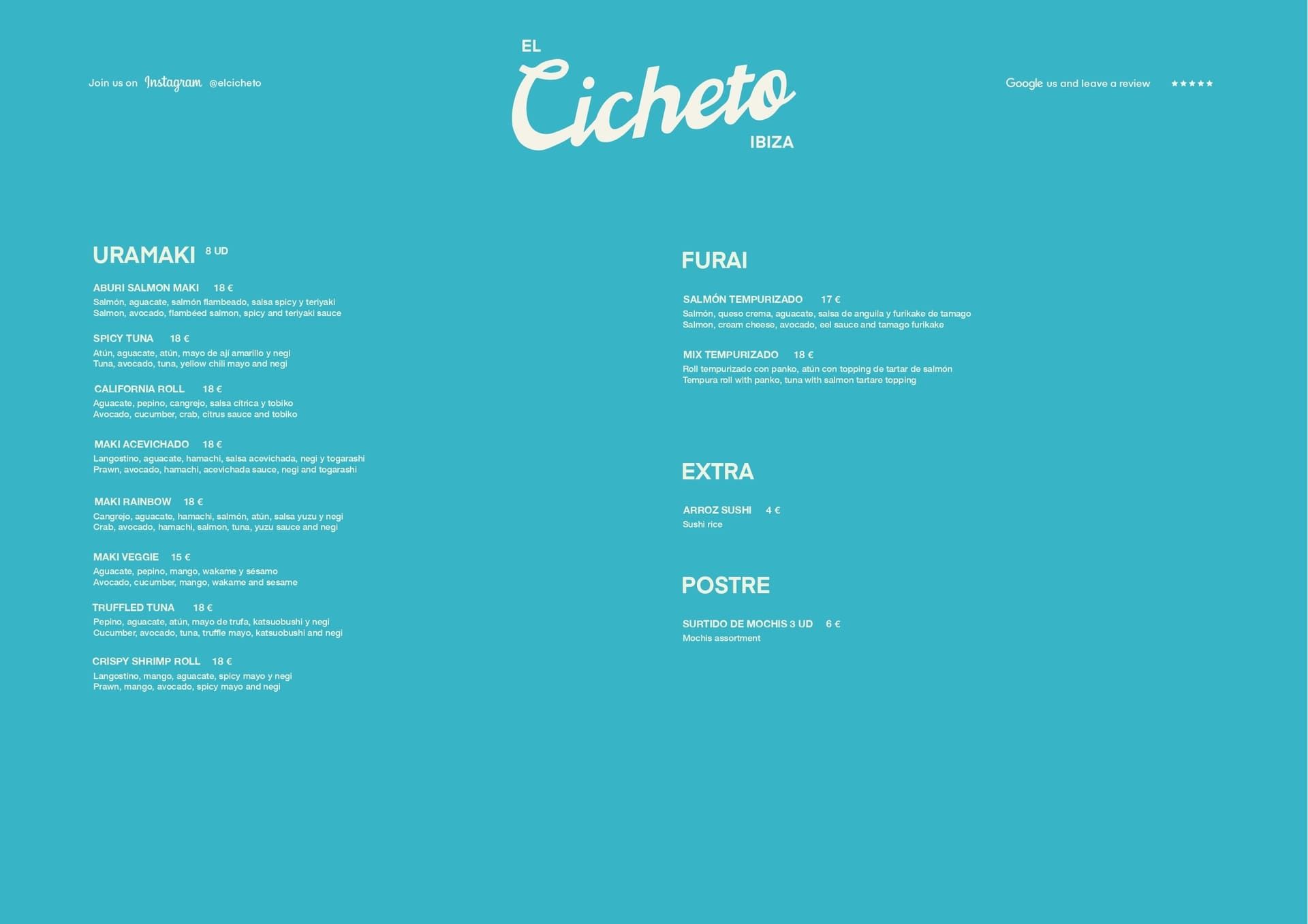 Página web del menú del restaurante Turquoise con el logotipo de Cicheto y secciones de bebidas, pizzas, pastas y postres.
