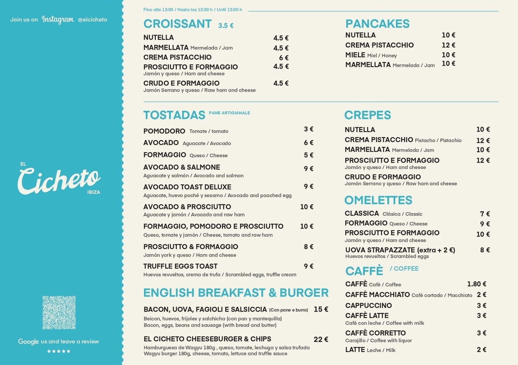 Menú de restaurante en tonos turquesa y blanco con opciones para el desayuno, que incluyen croissants, panqueques, tostadas, crepes, tortillas y café.