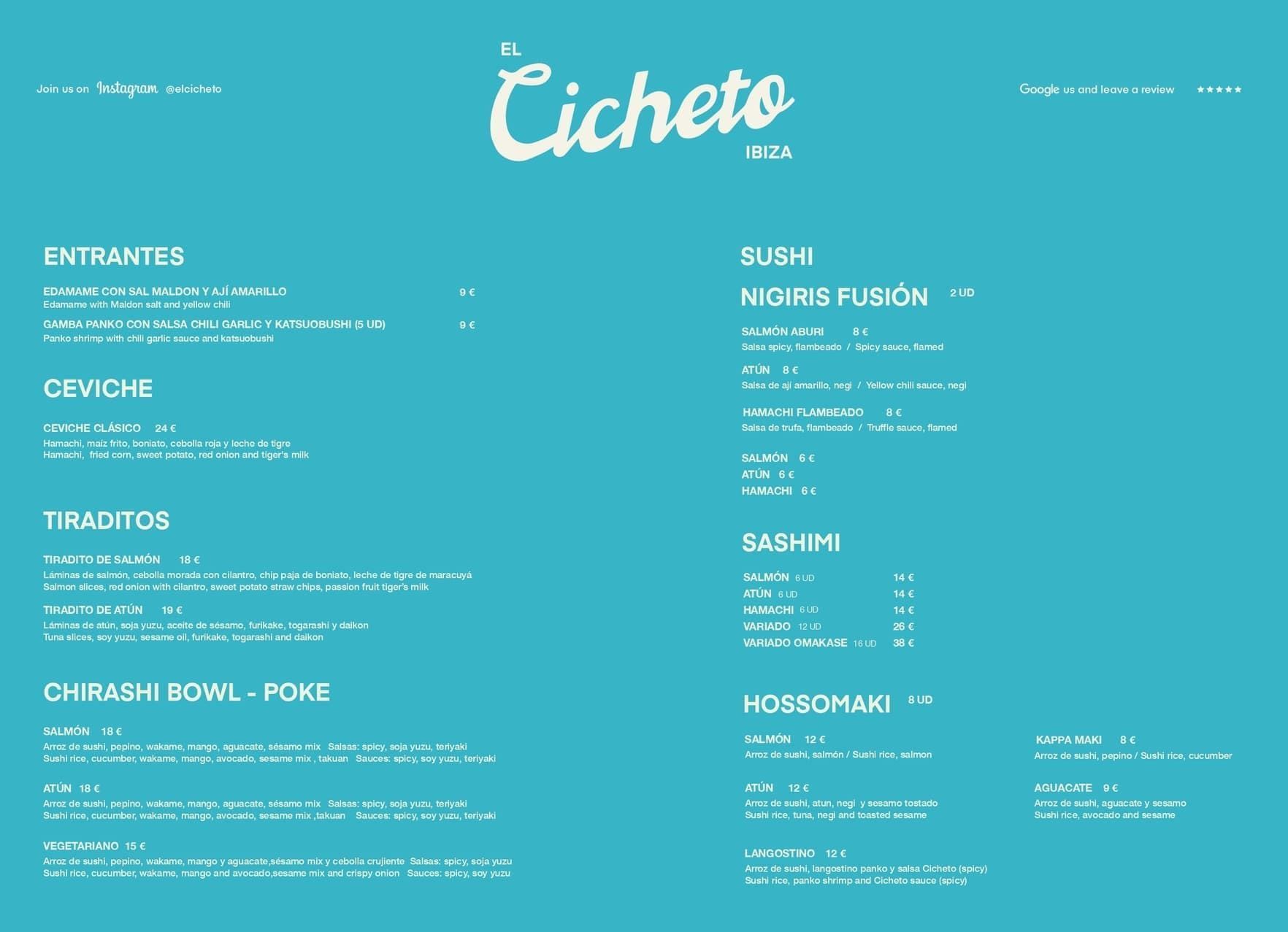 Menú del restaurante en color turquesa con el logotipo de Cicheto y dos columnas de platos y bebidas.