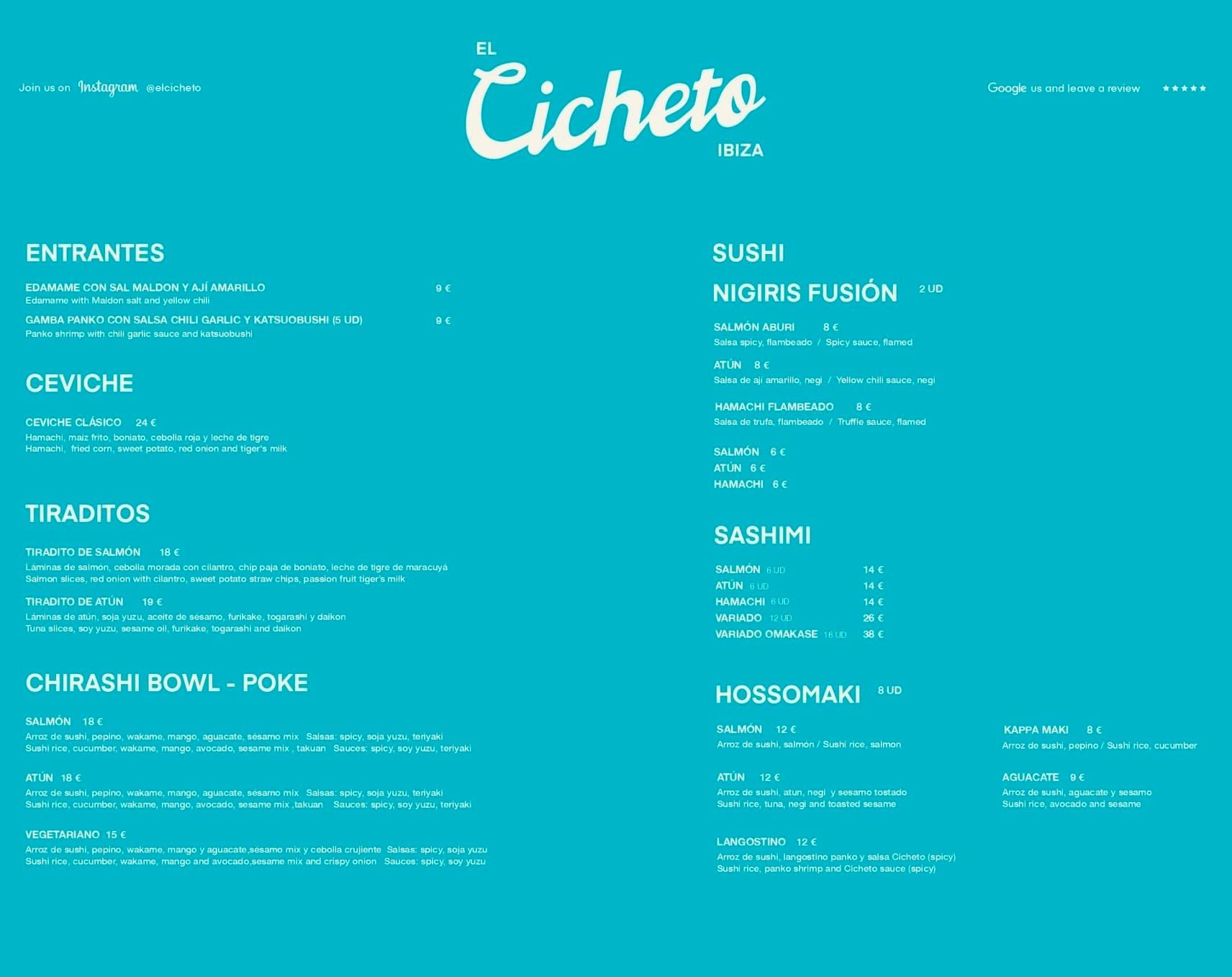 Menú del restaurante en color turquesa con el logotipo de Cicheto y dos columnas de platos y bebidas.