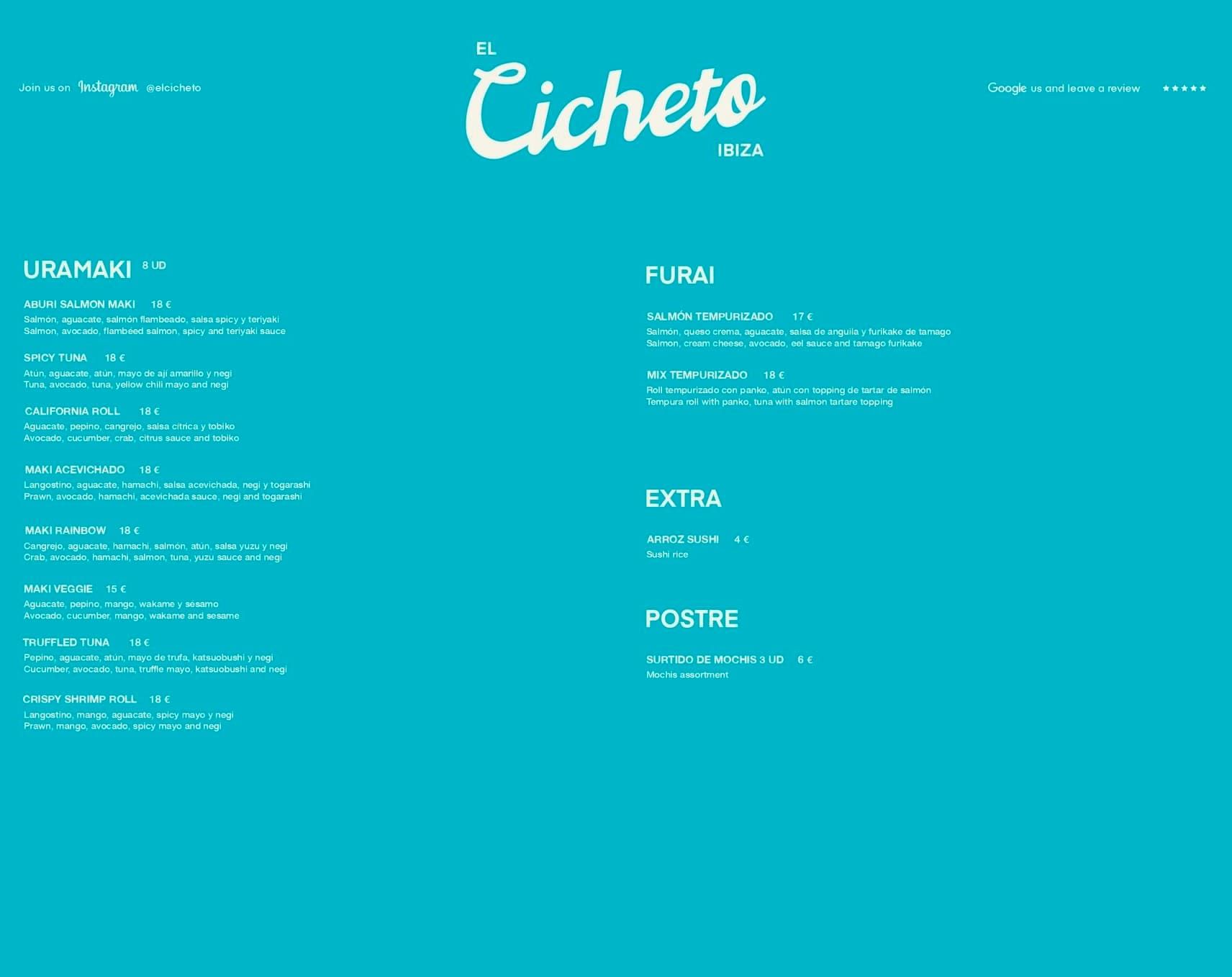 Página web del menú del restaurante Turquoise con el logotipo de Cicheto y secciones de bebidas, pizzas, pastas y postres.