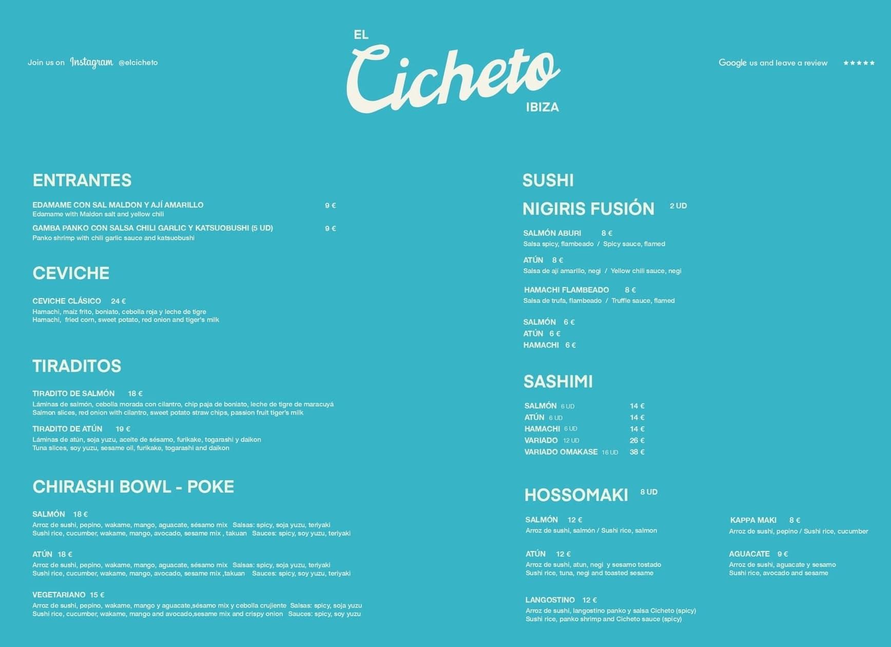 Menú del restaurante en color turquesa con el logotipo de Cicheto y dos columnas de platos y bebidas.