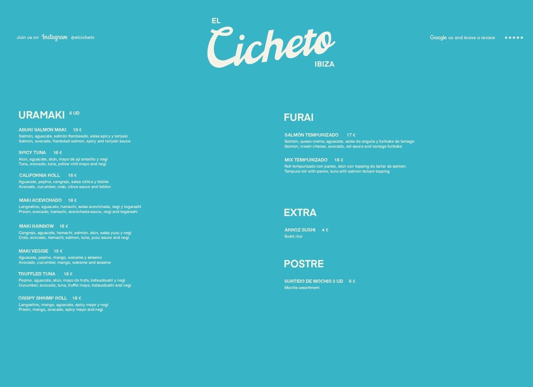 Página web del menú del restaurante Turquoise con el logotipo de Cicheto y secciones de bebidas, pizzas, pastas y postres.