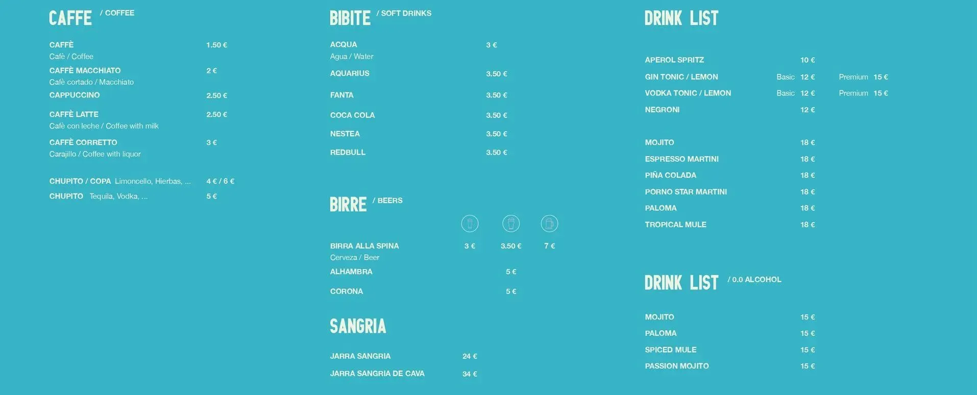 Menú en color azul turquesa con varias listas de bebidas y precios en texto blanco.