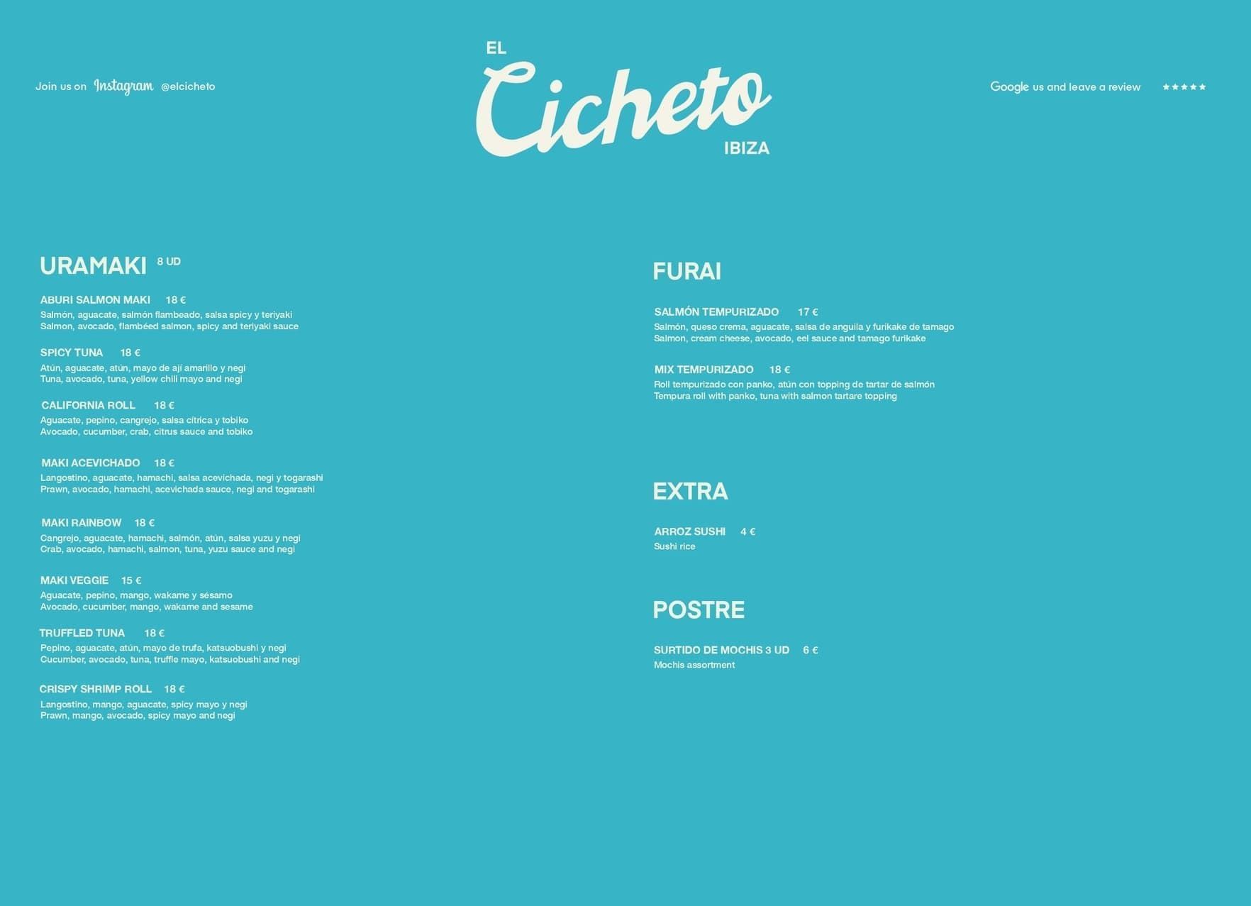 Página web del menú del restaurante Turquoise con el logotipo de Cicheto y secciones de bebidas, pizzas, pastas y postres.