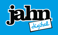 Ein Logo für jahn digital auf blauem Hintergrund