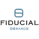 Logo de Fiducial Gérance avec icône bleue et texte noir et bleu clair sur fond blanc.
