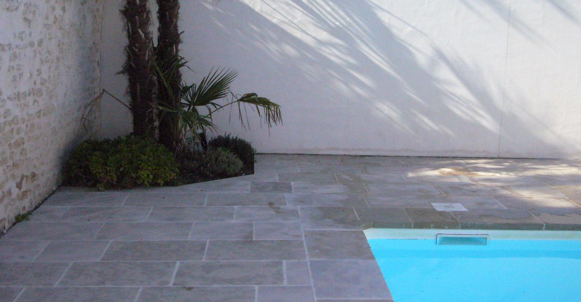 Petit patio carrelé au bord d'une piscine, avec un palmier adossé à un mur blanc et des ombres projetées sur le sol.
