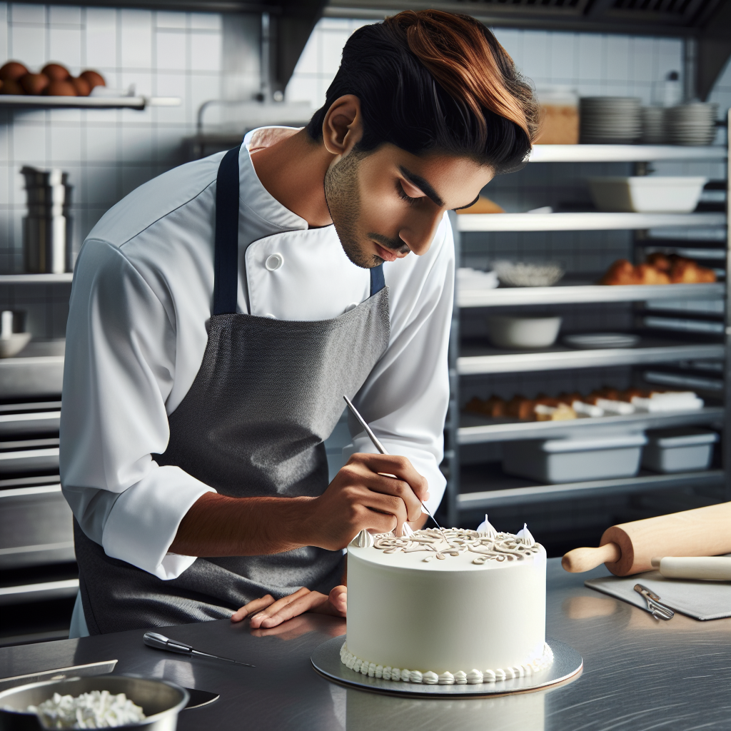 Realistic stock image of a baker decorating cake