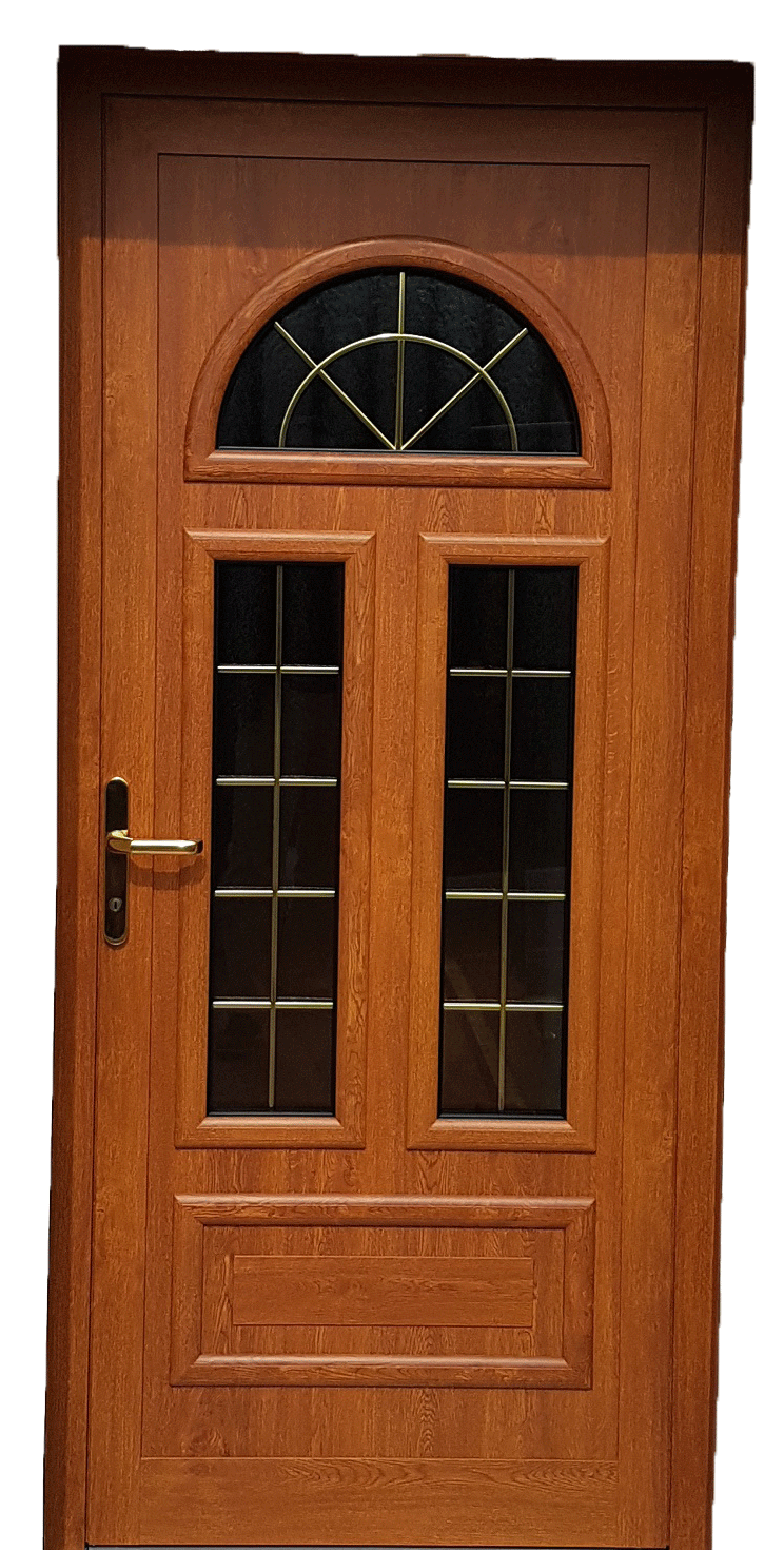 Une porte en bois avec des vitres