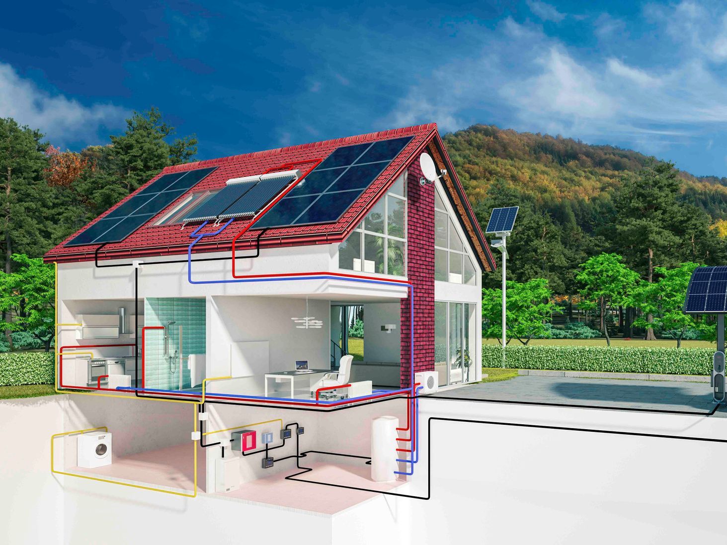 Ein Diagramm eines Hauses mit Sonnenkollektoren auf dem Dach.
