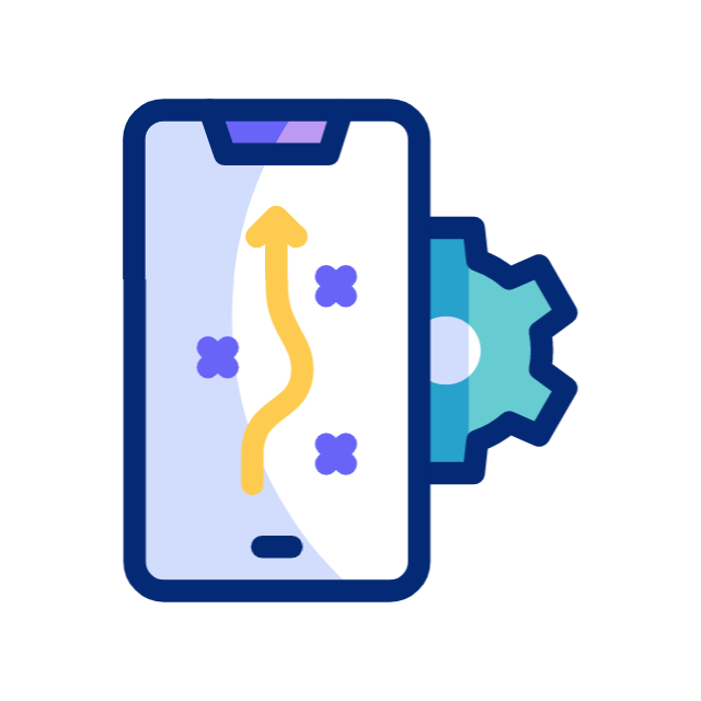 Un icono de un teléfono celular con una flecha y un engranaje.