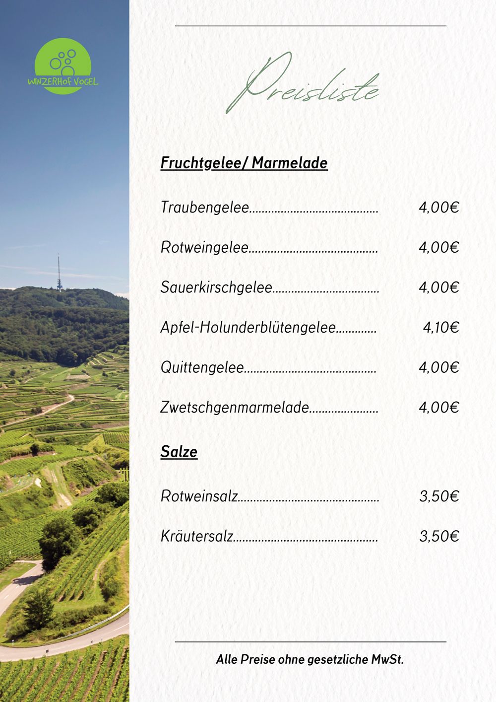 Deutsche Speisekarte mit Landschaftsfoto und aufgeschlüsselten Preisen in Euro