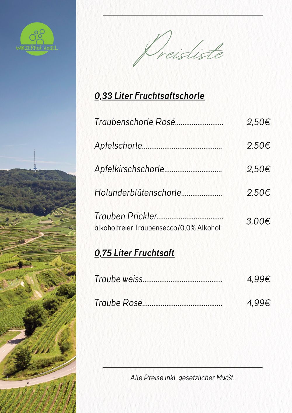 Golfplatzbroschüre mit Abbildung einer Resortlandschaft und einer Gebührenliste auf weißem Papier mit grünen Akzenten.