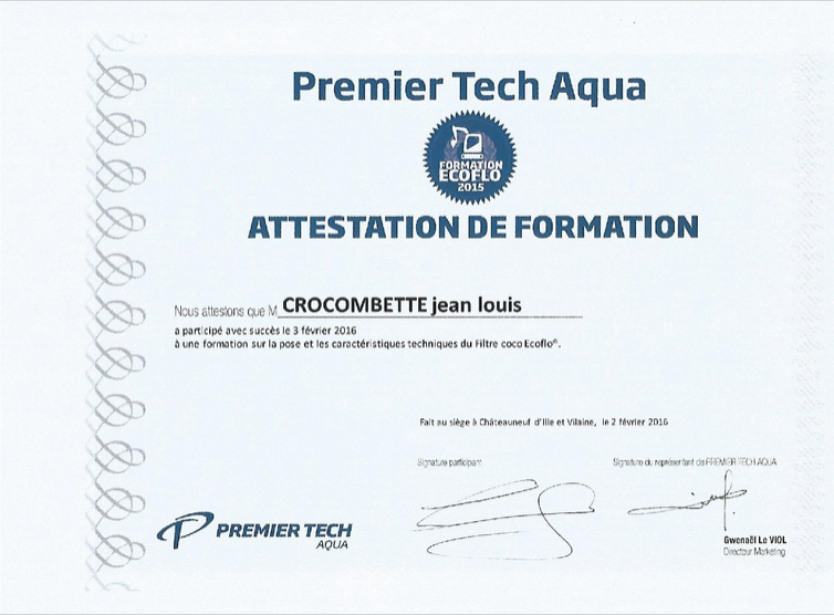 Attestation de formation Premier Tech Aqua
