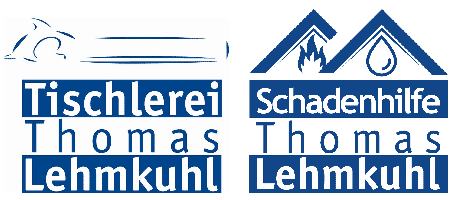 Blue-and-white logos for Tischlerei Thomas Lehmkuhl and Schadenhilfe Thomas Lehmkuhl