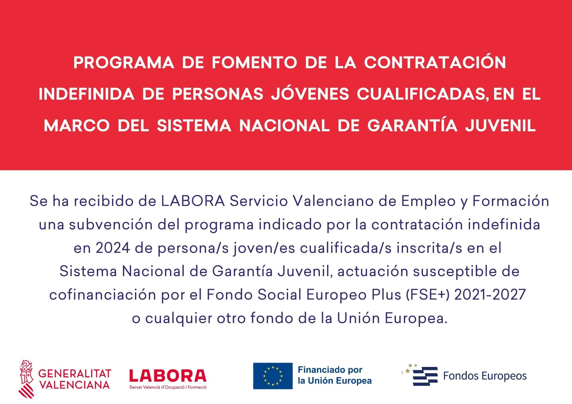 Cartel rojo del programa de fomento a la contratación indefinida de jóvenes, con logos institucionales.