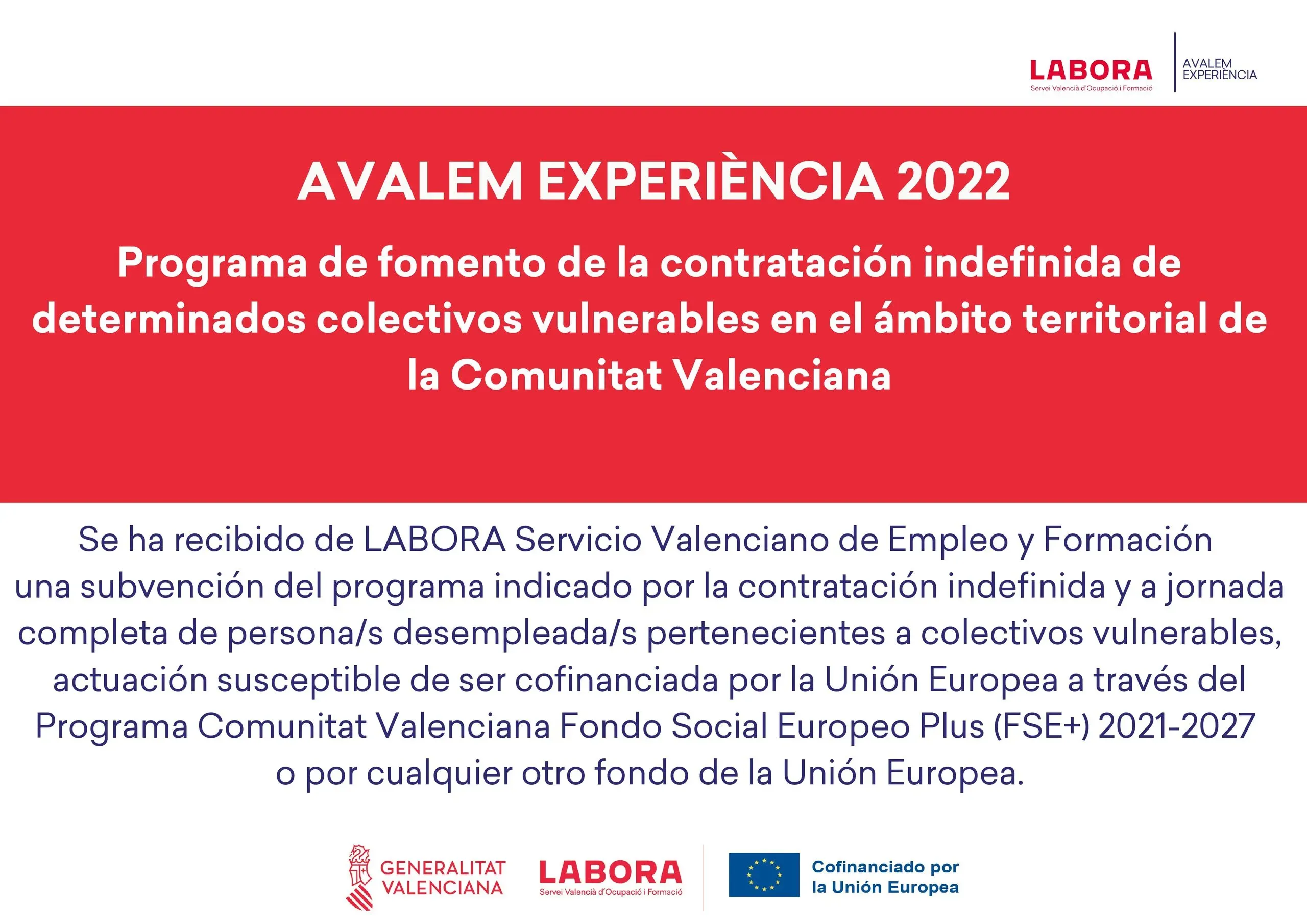 Cartel informativo azul y blanco sobre ayudas 2022 para contratación indefinida en la Comunitat Valenciana.