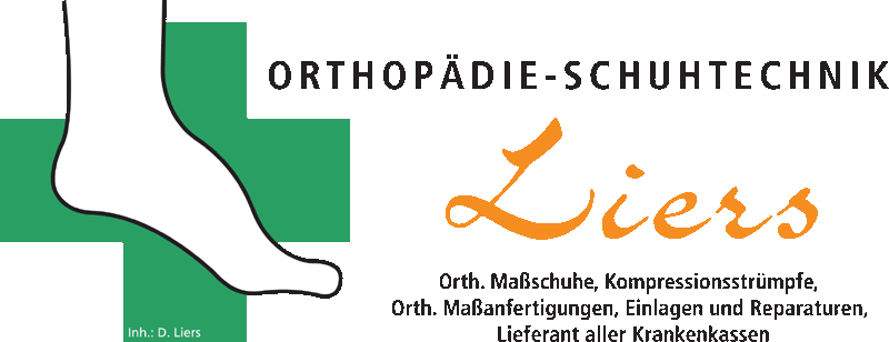Logo für Orthopädie-Schuhtechnik Liers: grünes Kreuz mit Fußumriss und orangefarbener Schriftzug; Leistungen siehe unten.