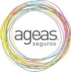 Logotipo da Ageas Seguros com texto cinza dentro de um redemoinho colorido.